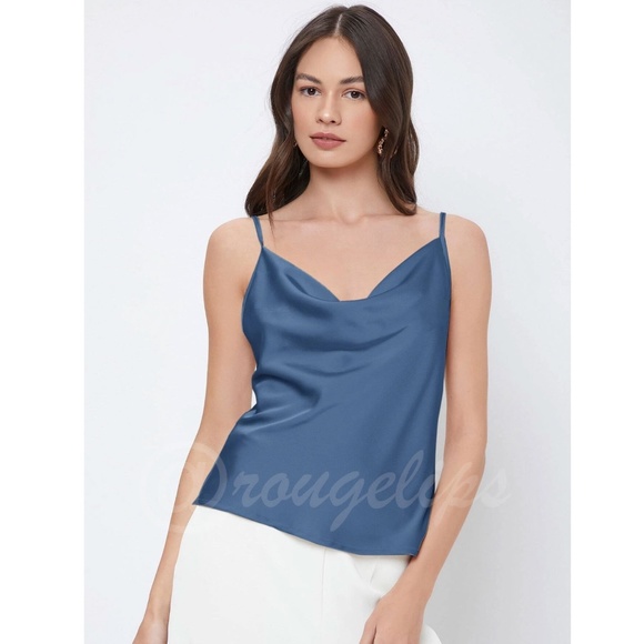 Blue Satin Glamorous Cowl Neck Spaghetti Straps Camisole Top Cami, Draped - Picture 4 of 9